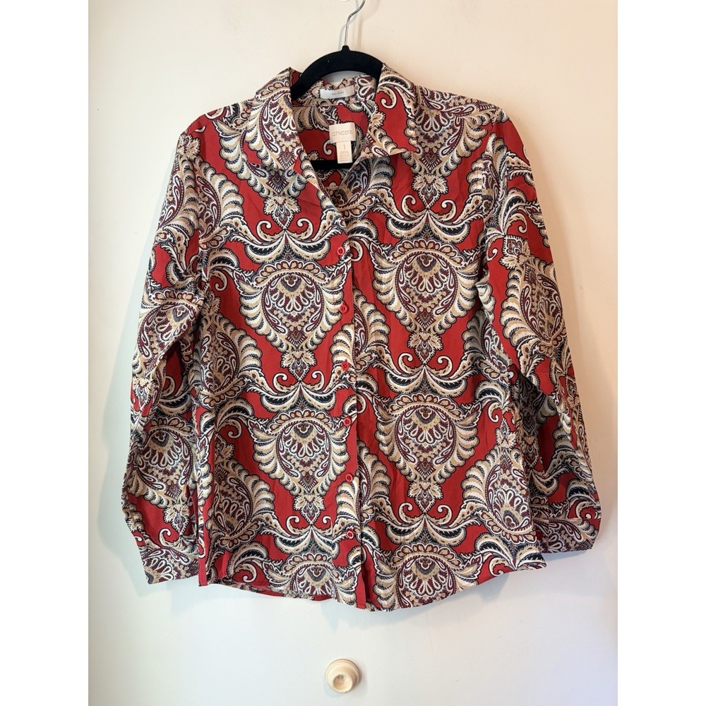 Chicos Non Iron Bold Paisley Long Sleeve Button Down Size 1 US Medium Red Cotton